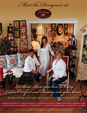 Birdcage Ad An ad for Birdcage features Caroline Reyes-Dorson, standing, with Claudia Osorio, left, and Chelsea Coryell. IMAX etegeres are prominent in the photo flanking the sofa.