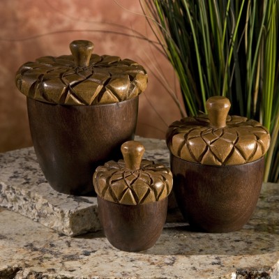 Ronan Woodcarved Acorn Unlined Lidded Boxes – Set of 3