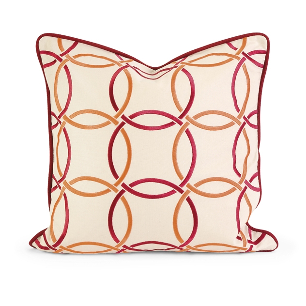 IK Catina Orange Red Embroidered Linen Pillow w/Down Fill