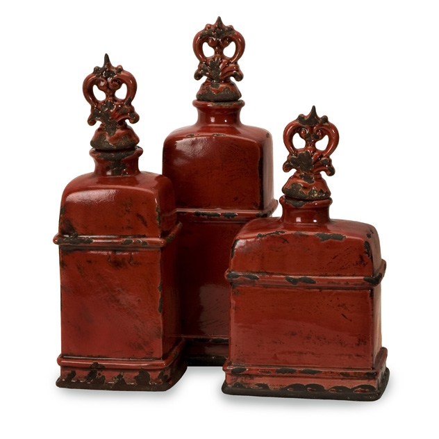 Garnet Bottles with Finials - Set of 3