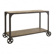 Utilitarian Metal and Wood Console on Metal Wheels